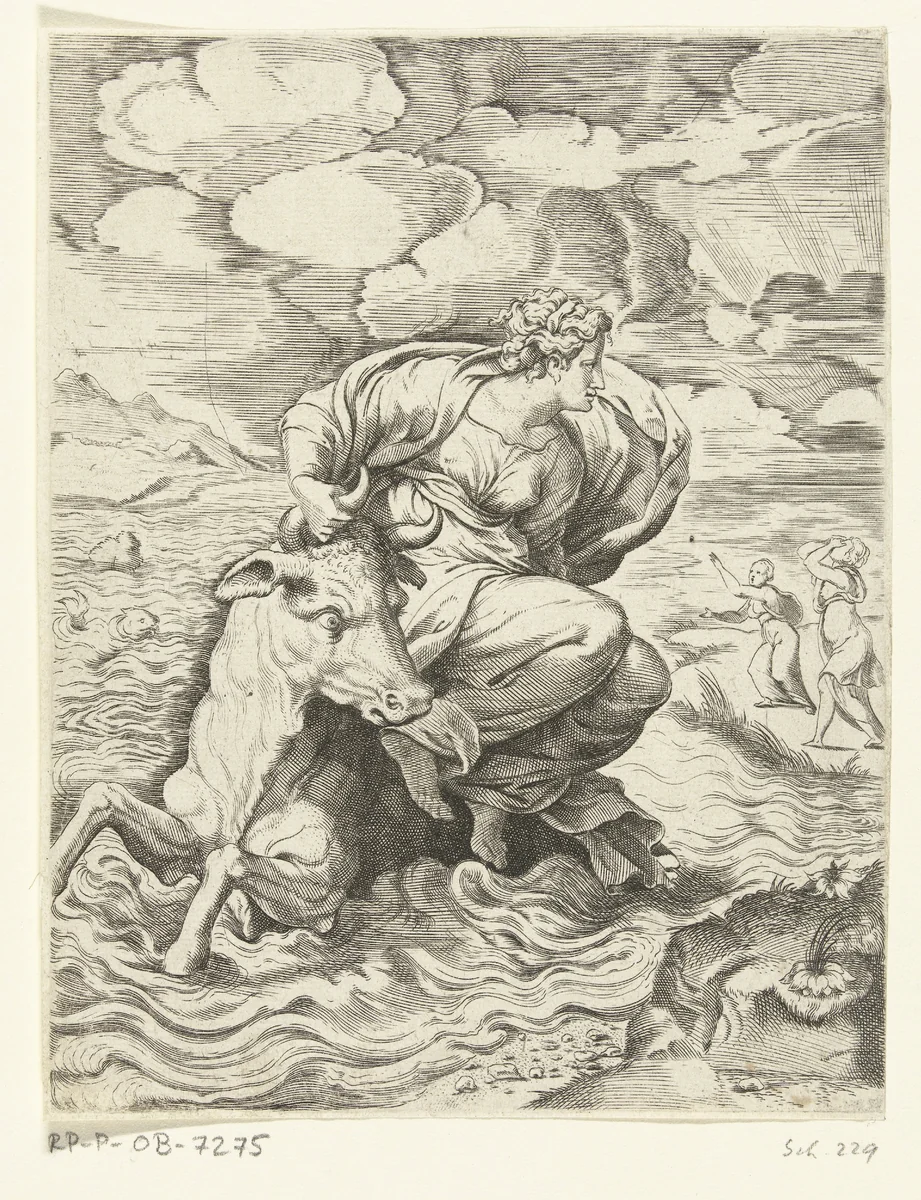 Jupiter en Europa by Cornelis Bos, print, 1537-1555