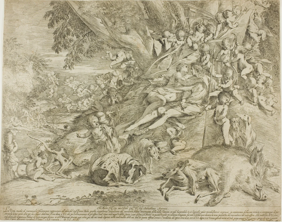 Venus and Adonis by Pietro Testa, print, 1631-1637