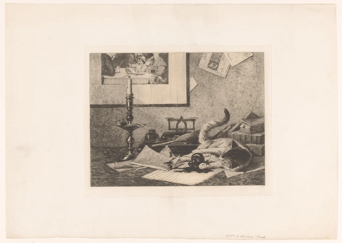 Spelende kat knoeit een inktpot over tafel by Eduard van den Bosch, print, 1870-1880