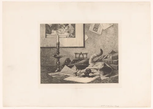 Spelende kat knoeit een inktpot over tafel by Eduard van den Bosch, print, 1870-1880
