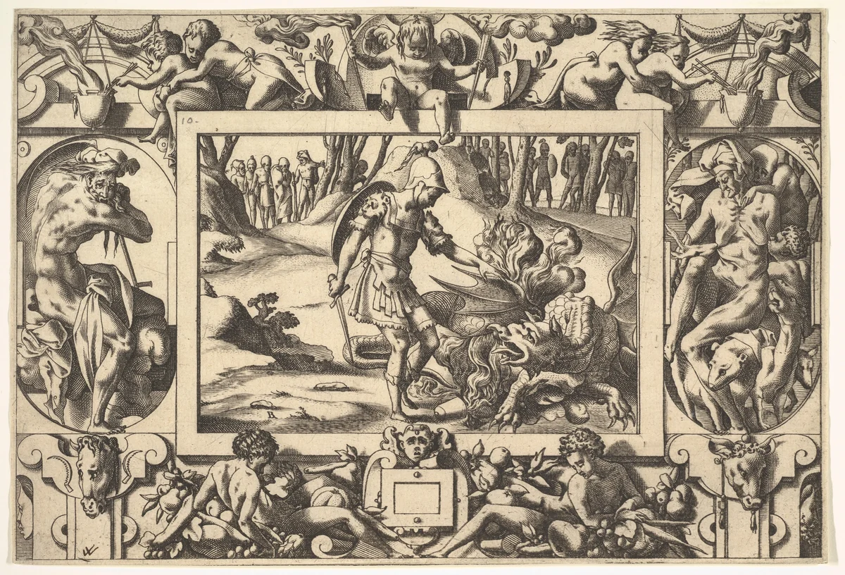 Jason Confronts the Dragon Guarding the Golden Fleece (Par tels assauts Jason va travaillant le fier dragon de nuit et jour veillant...), from "Jason and the Golden Fleece" by René Boyvin, print, 1563