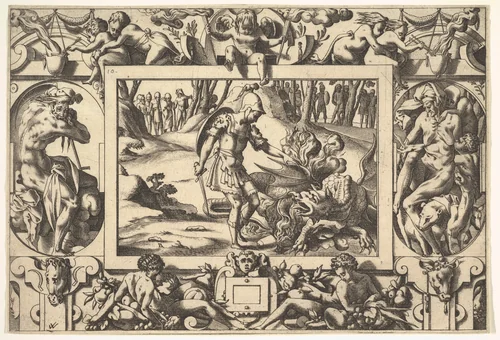 Jason Confronts the Dragon Guarding the Golden Fleece (Par tels assauts Jason va travaillant le fier dragon de nuit et jour veillant...), from "Jason and the Golden Fleece" by René Boyvin, print, 1563