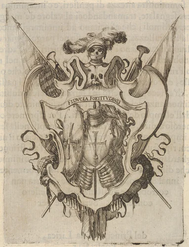 A cartouche with armor, a skull with armor and a helmet with feathers at top, from "Eight Emblems for the Funeral of Francesco de Medici" (Huit emblèmes pour les funérailles du prince François de Médicis) by Stefano della Bella, print, 1640-1660