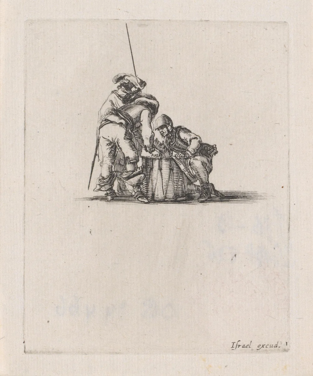 Drie soldaten dobbelend op een trom by Stefano della Bella, print, 1620-1664