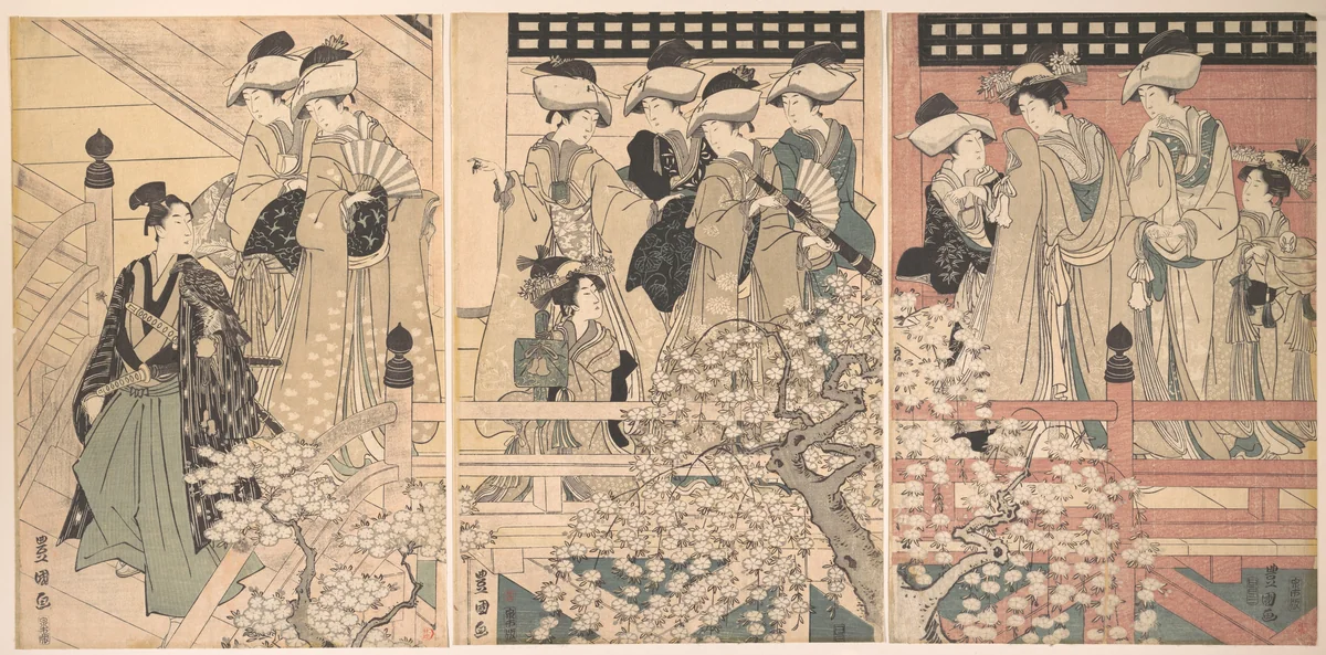 Beauties on a Veranda among Cherry Blossoms from which a Samurai is Departing by Utagawa Toyokuni, print, 1790-1810