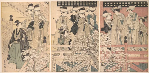 Beauties on a Veranda among Cherry Blossoms from which a Samurai is Departing by Utagawa Toyokuni, print, 1790-1810