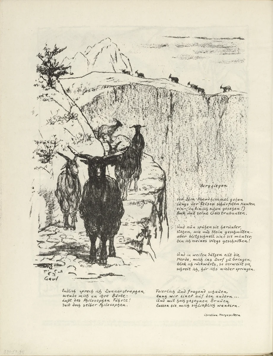 Mountain Goats (Bergziegen) (border, folio 31 verso) from the periodical Der Bildermann, vol. 1, no. 15 (Nov 1916) by August Gaul, periodical, 1916