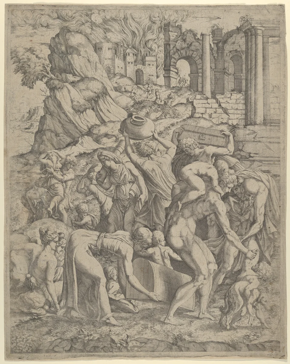 People Fleeing a Burning City by anonymous, print, 1500-1599