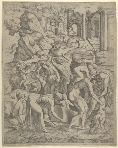 People Fleeing a Burning City by anonymous, print, 1500-1599