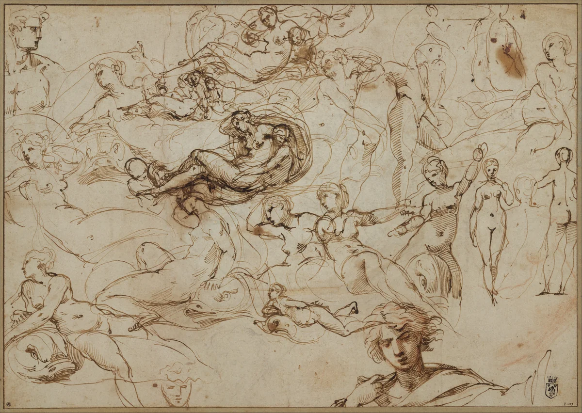 Figure Studies for Various Female and Male Figures (recto); Threes Amors in the Garden of Venus (verso) by Agostino Carracci, drawing, 1600-1602
