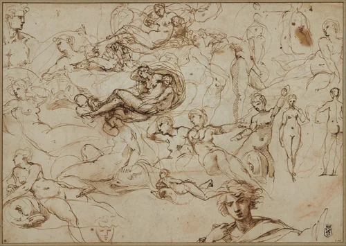 Figure Studies for Various Female and Male Figures (recto); Threes Amors in the Garden of Venus (verso) by Agostino Carracci, drawing, 1600-1602