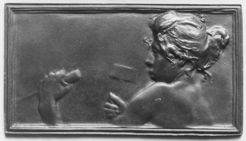 Nude bust of a girl vigorously sculpting a marble block (La Sculpture) by Alexandre-Louis-Marie Charpentier, metalwork, 1802-1902