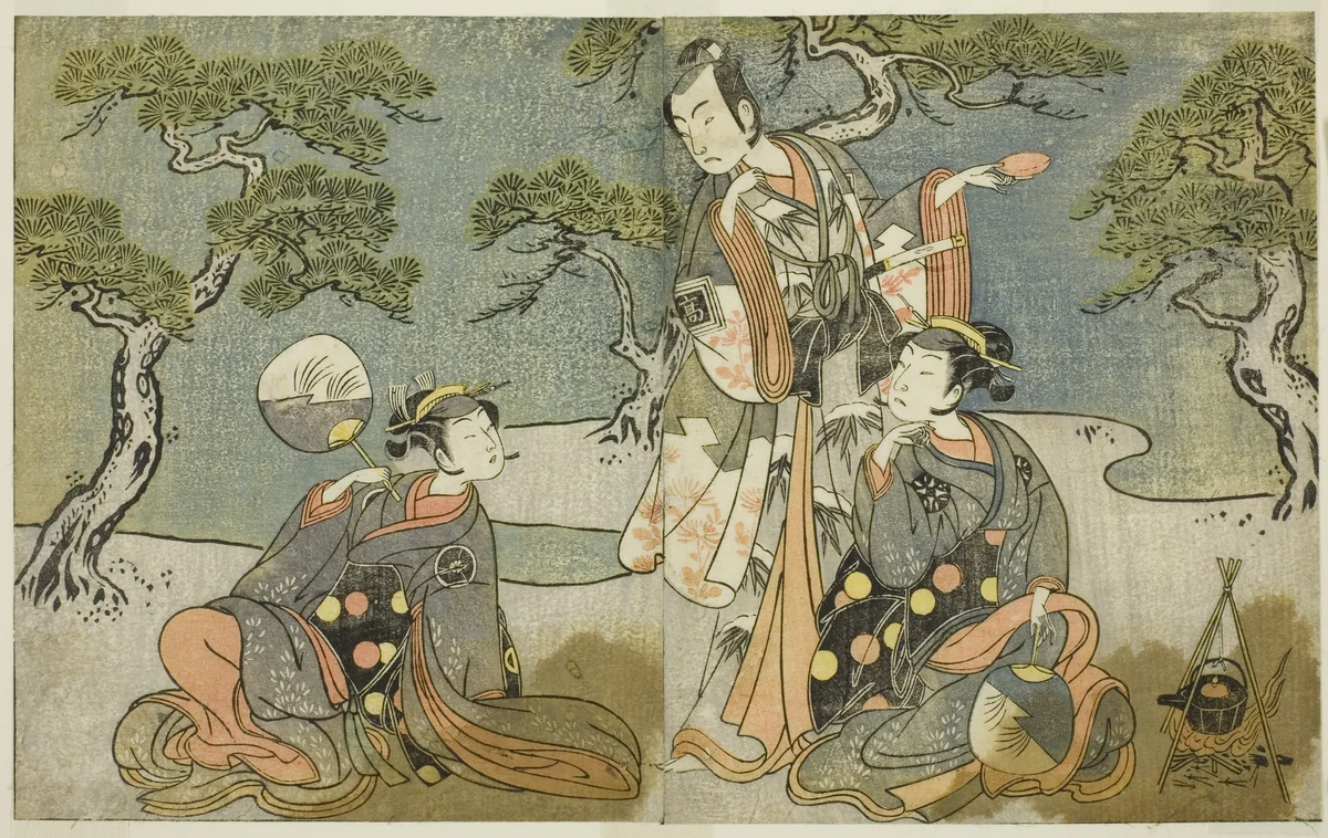The Actors Nakamura Nakazo I as Matsukaze (right), Ichikawa Komazo II as Ariwara no Yukihira (center), and Iwai Hanshiro IV as Murasame (left), in the Play Kuni no Hana Ono no Itsumoji, Performed at the Nakamura Theater in the Eleventh Month, 1771 by Katsukawa Shunsho (勝川 春章), print, 1767-1777