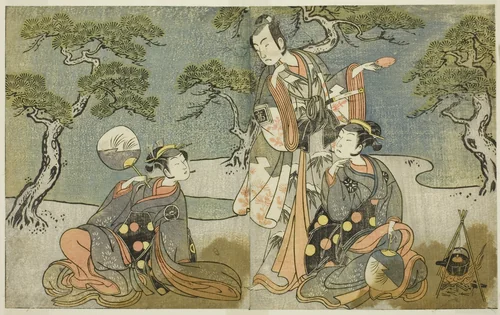 The Actors Nakamura Nakazo I as Matsukaze (right), Ichikawa Komazo II as Ariwara no Yukihira (center), and Iwai Hanshiro IV as Murasame (left), in the Play Kuni no Hana Ono no Itsumoji, Performed at the Nakamura Theater in the Eleventh Month, 1771 by Katsukawa Shunsho (勝川 春章), print, 1767-1777
