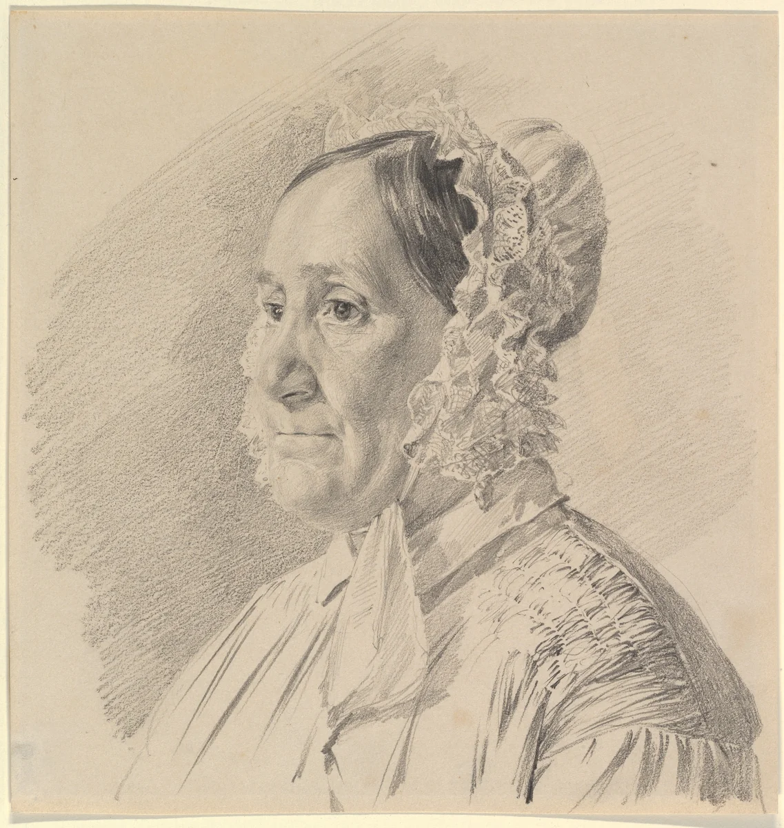 Portrait of a Woman in a Lace Bonnet, in three-quarter profile to the left by Ferdinand Georg Waldmüller, drawing, 1813-1865