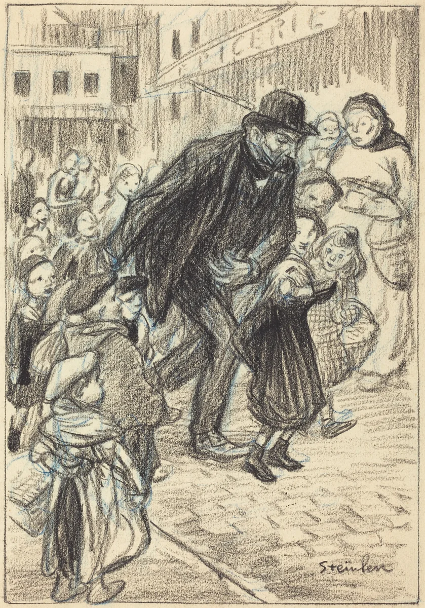 A Man on a City Street, Surrounded by Children (Un Père) by Théophile Alexandre Steinlen, drawing, 1859-1923