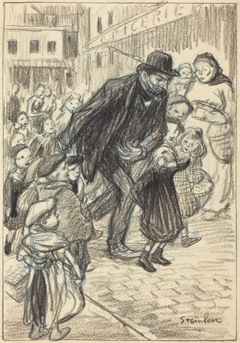 A Man on a City Street, Surrounded by Children (Un Père) by Théophile Alexandre Steinlen, drawing, 1859-1923