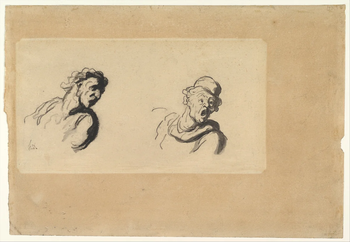 Two Male Heads by Honoré Daumier, drawing, 1810-1880