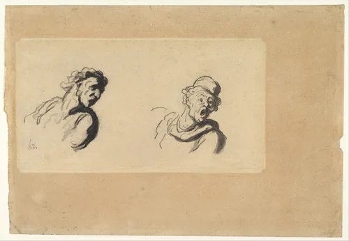 Two Male Heads by Honoré Daumier, drawing, 1810-1880