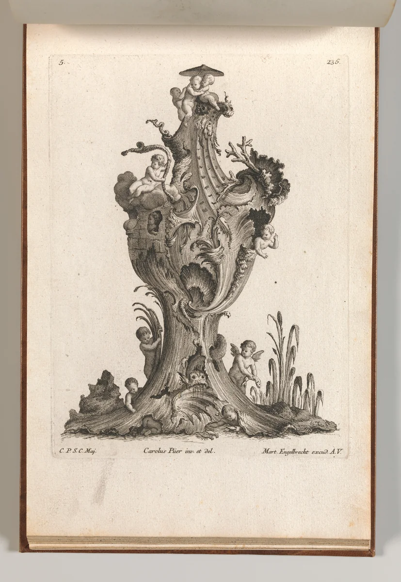 Design for a large Vase representing 'Water', Plate 5 from: 'Neu inventierte Vasi auf die neueste manier' by Jacob Gottlieb Thelot, book, 1745-1755