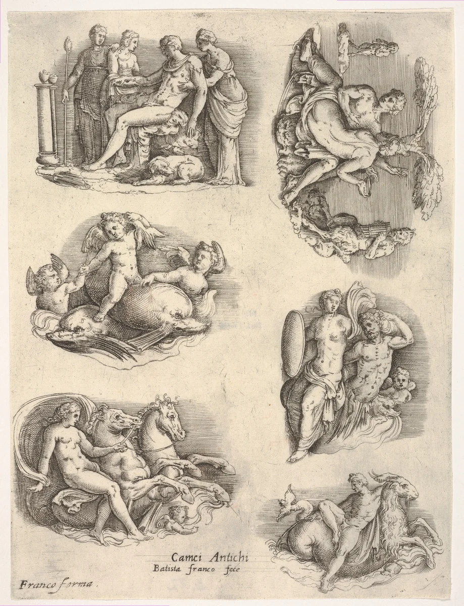 Six subjects after antique cameos: female figures tending to a seated male figure; putti and dolphins; female figure holding the reins of a pair of rearing horses; intertwined naked figures flanked by music-playing satyrs; triton with shield-bearing female figure; naked male figure seated on goat-headed sea creature by Battista Franco, print, 1510-1561
