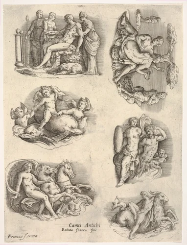Six subjects after antique cameos: female figures tending to a seated male figure; putti and dolphins; female figure holding the reins of a pair of rearing horses; intertwined naked figures flanked by music-playing satyrs; triton with shield-bearing female figure; naked male figure seated on goat-headed sea creature by Battista Franco, print, 1510-1561