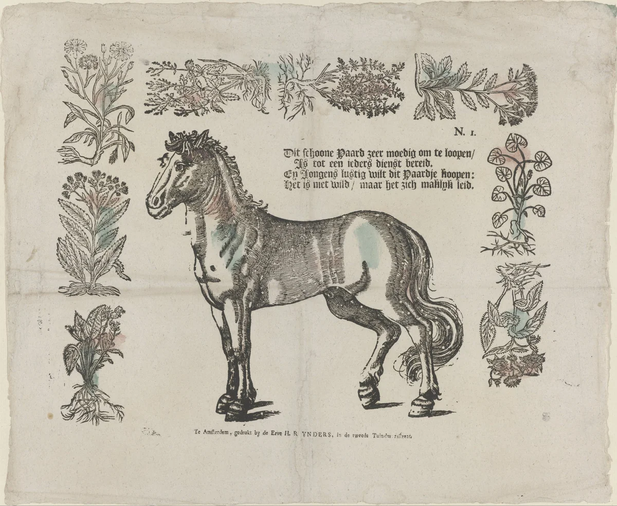 Dit schoone paard zeer moedig om te loopen / Is tot een ieders dienst bereid, / En jongens lustig wilt dit paardje koopen: / Het is niet wild / maar het zich maklyk leid by Unknown, print, 1551
