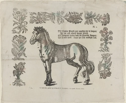 Dit schoone paard zeer moedig om te loopen / Is tot een ieders dienst bereid, / En jongens lustig wilt dit paardje koopen: / Het is niet wild / maar het zich maklyk leid by Unknown, print, 1551
