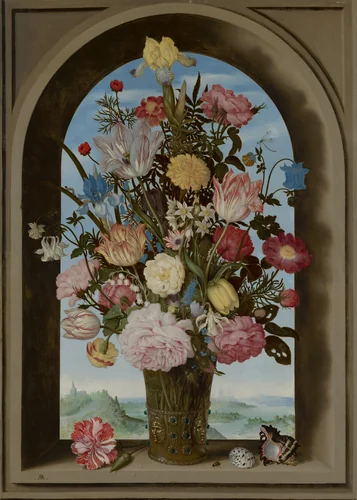 Vase of Flowers in a Window by Ambrosius Bosschaert, painting, 1618
