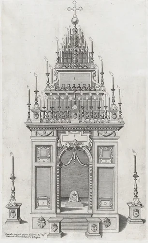 Design of the catafalque for the exequies of the Marchesa di Villena in San Giacomo degli Spagnoli, Rome; from 'Libro De Catafalchi, Tabernacoli, con varij designi di Porte fenestre et altri ornamenti di Architettura' by anonymous, book, 1604