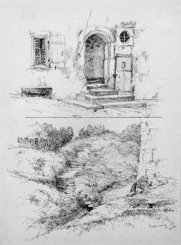 Sheet of Two Sketches of Rothenburg, Germany by Andrew Fisher Bunner, artwork, 1876