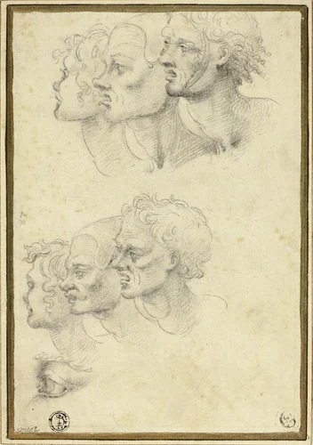 Sketches of Three Male Heads in Profile by Italian, drawing, 1580-1599