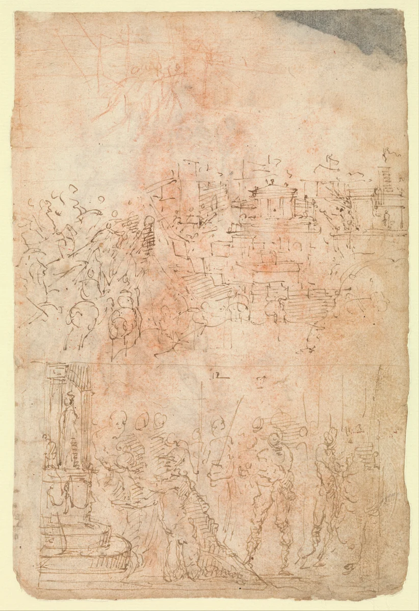Page from a Sketchbook Depicting a City under Siege and a Scene of Homage(?) (recto); standing figures and a horseman; male and female figures; a battle scene (verso) by Domenico Beccafumi, drawing, 1520-1529