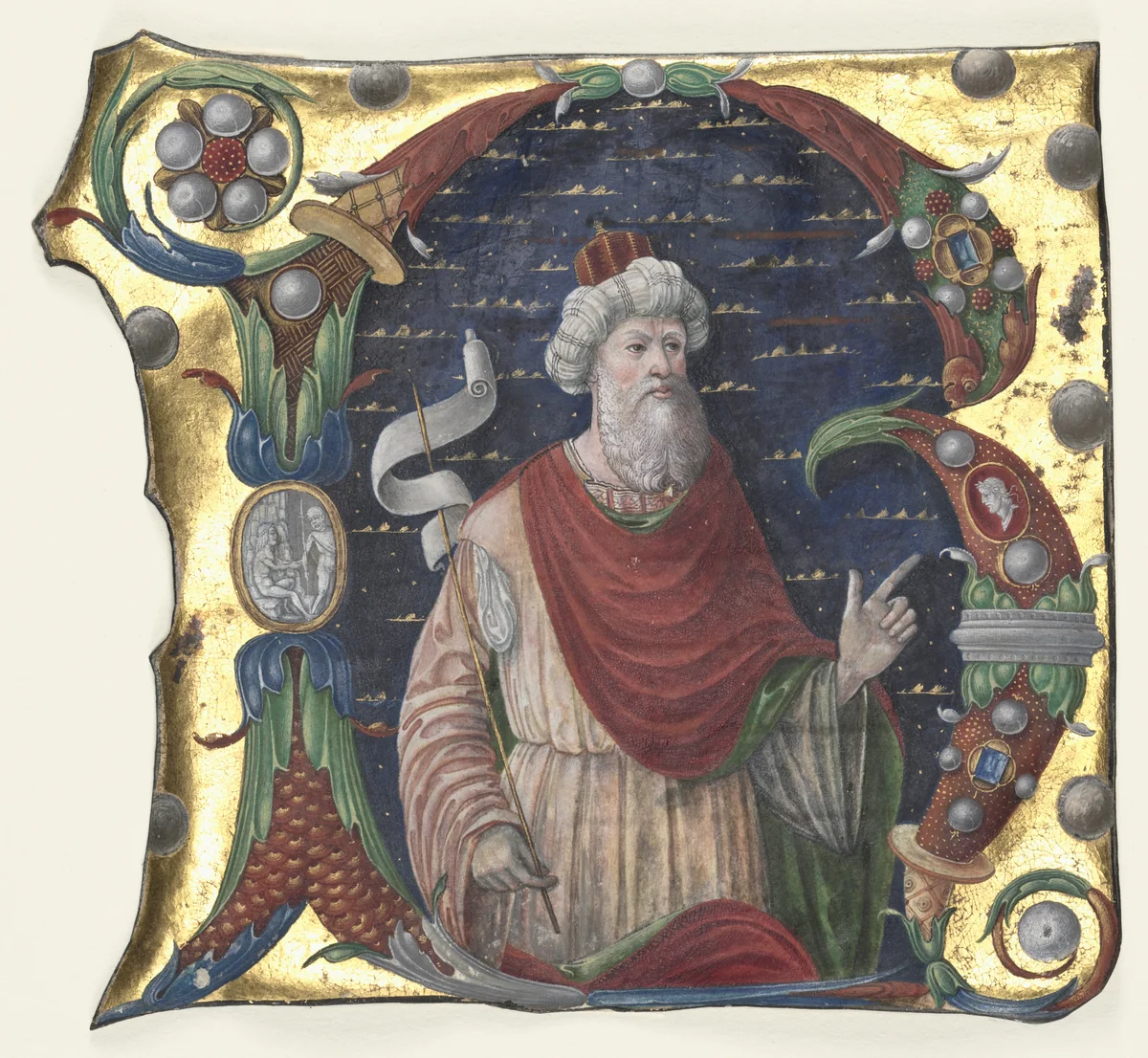Initial R from a Choral Book with King David(?) by Guglielmo Giraldi, manuscript, 1470-1480