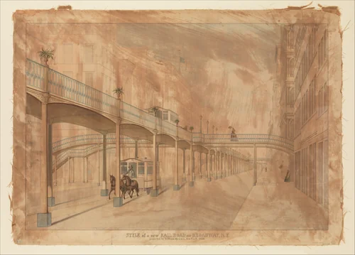 Elevated Railroad, Broadway, New York by J. Beigel, drawing, 1861