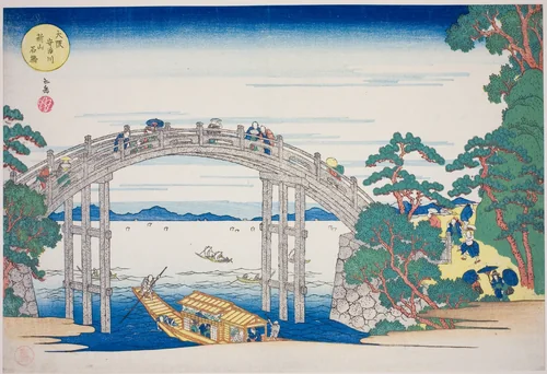 The Stone Bridge over the Aji River near Nii Hill, Osaka (Osaka Ajigawa Niiyama ishibashi), from the series "Famous Places in Osaka: Fine Views of Mount Tenpo (Naniwa meisho Tenpozan shokei ichiran)" by Yashima Gakutei (八島岳亭), print, 1829-1839