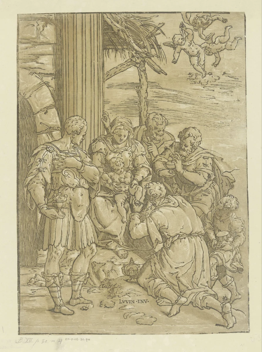 Aanbidding door de koningen by Andrea Andreani, print, 1568-1629