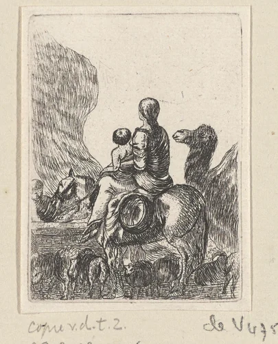 Vrouw met kind op paard, kameel erachter by anonymous, print, 1650-1700