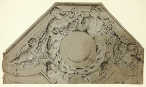 Soffitt Design with Anthropomorphic Couple and Putti (recto); Putto and Dolphin (verso) by Jean Baptiste Louis Massard, drawing, 1600-1810