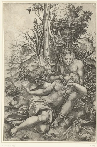 Angelica en Medor als geliefden by Marcantonio Raimondi, print, 1510-1527