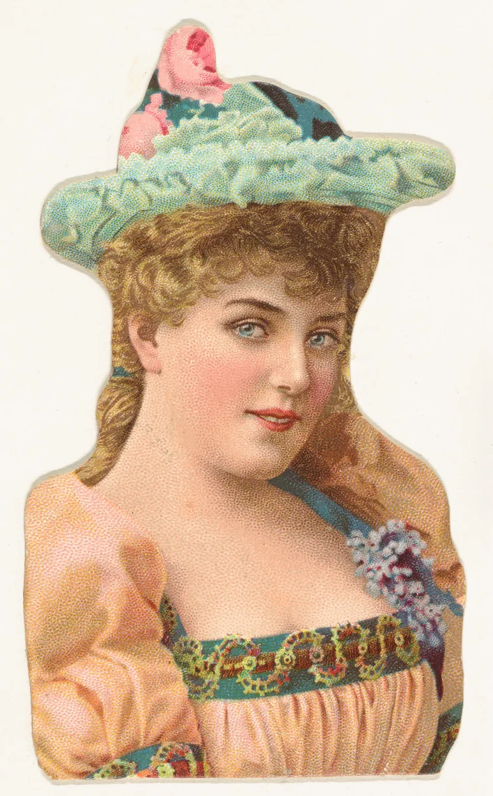 Actress wearing blue hat with pink roses, from Stars of the Stage, Fourth Series (N132) issued by Duke Sons & Co. to promote Honest Long Cut Tobacco by W. Duke, Sons & Co., print, 1892-1893