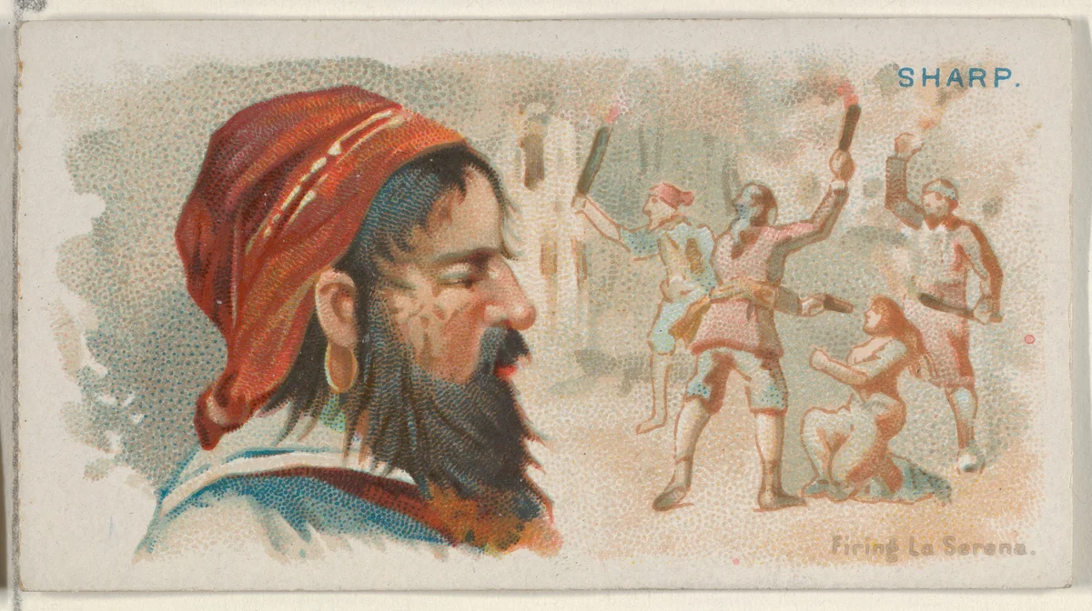 Bartholomew Sharp, Firing La Serena, from the Pirates of the Spanish Main series (N19) for Allen & Ginter Cigarettes by Allen & Ginter, print, 1886-1891