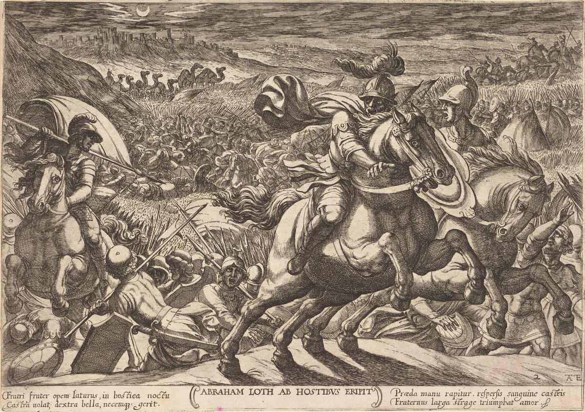 Abraham makes the enemies flee who hold his nephew by Antonio Tempesta, print, 1613