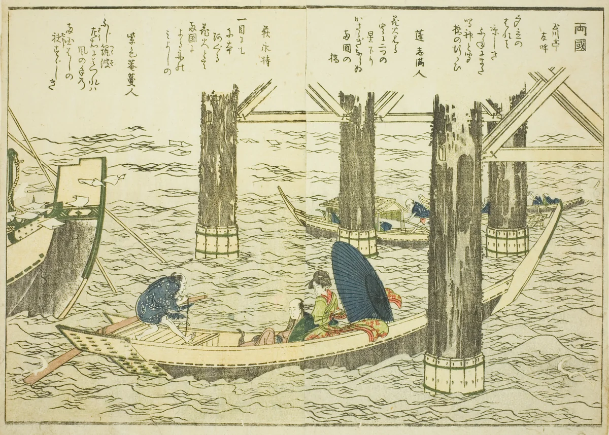 Ryogoku Bridge, from vol. 1 of the illustrated book "Fine Views of the Eastern Capital at a Glance (Toto shokei ichiran)" by Katsushika Hokusai (葛飾 北斎), print, 1800