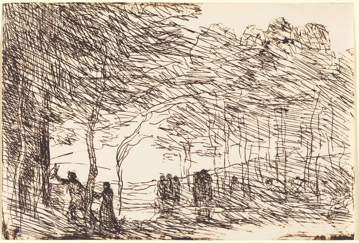 Orpheus Leading Eurydice (Orphee entrainant Eurydice) by Jean-Baptiste-Camille Corot, print, 1860