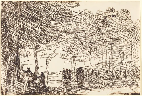 Orpheus Leading Eurydice (Orphee entrainant Eurydice) by Jean-Baptiste-Camille Corot, print, 1860