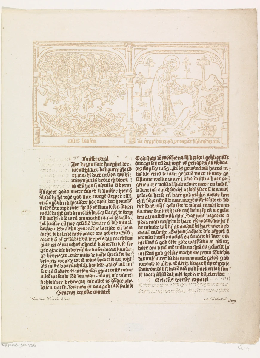 Val van Lucifer (Satan) en de schepping van Eva by Cornelis van Noorde, print, 1741-1795