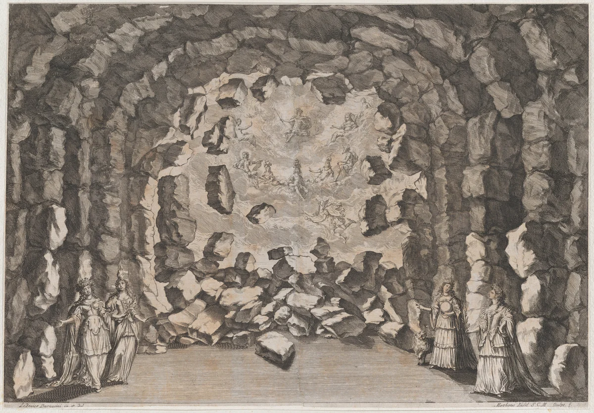 A grotto with collapsing rocks, opening to a sky full of the enthroned gods of Olympus, including Jupiter, Apollo, Mars, Venus, and Mercury; set design from 'La Monarchia Latina Trionfante' by Mathäus Küsel, print, 1678