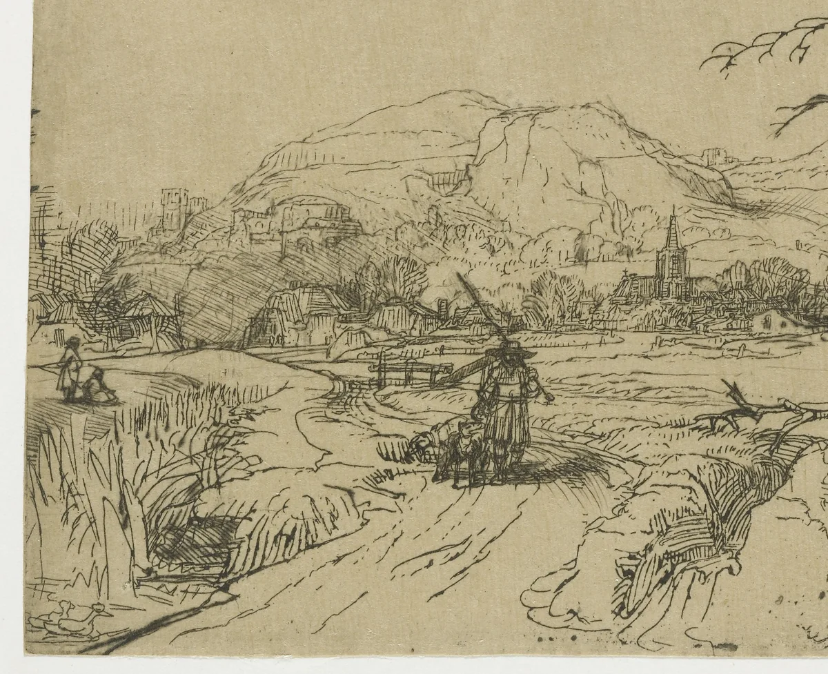 Landscape with sportsman and dogs by Rembrandt van Rijn, print, 1648