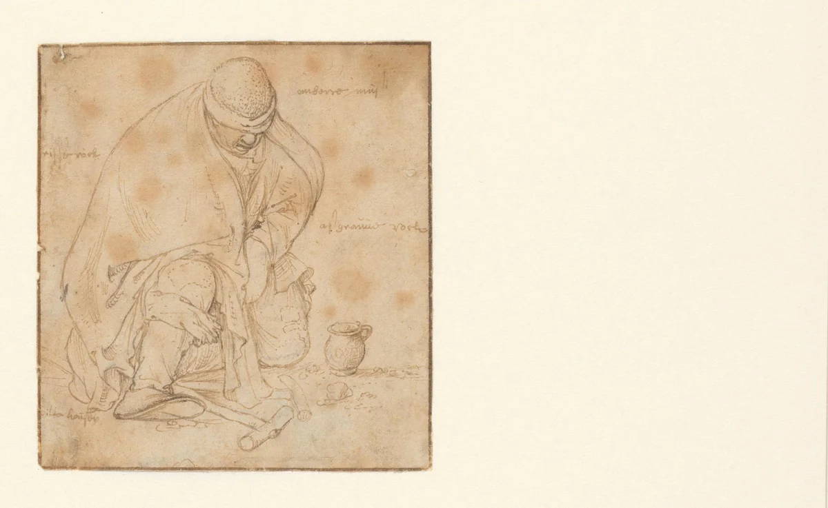 Zittende bedelaar, in een mantel gehuld by Roelant Savery, drawing, 1603-1613